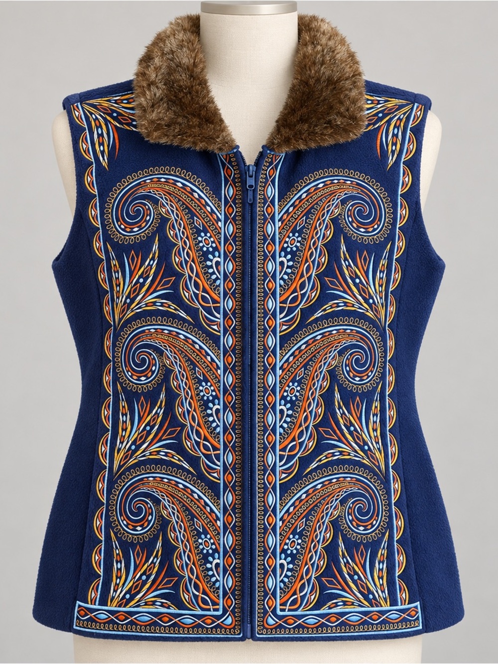 Bob Mackie Wearable Art Embroidered Fleece Vest M Faux Fur Collar